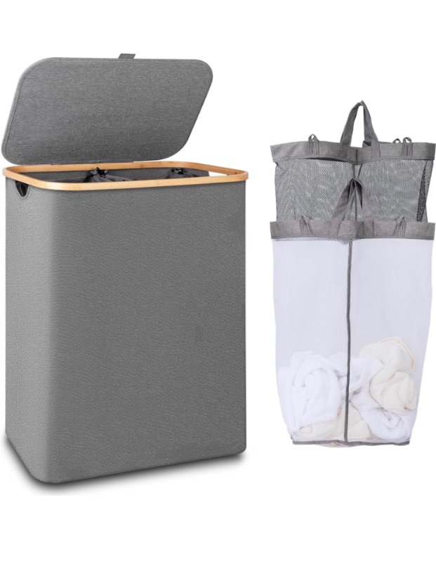 Photo 1 of 150L Laundry Hamper with Lid-Large Laundry Basket with Bamboo Handles, Grey Hampers for Laundry, Dirty Clothes Hamper with 2 Removable Inner Bags for Clothes Toys Towels