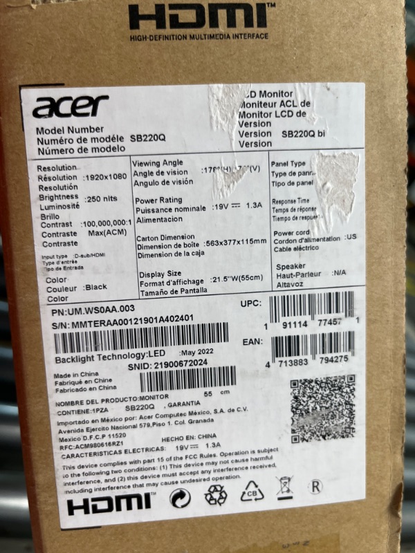 Photo 7 of Acer 21.5 Inch Full HD (1920 x 1080) IPS Ultra-Thin Zero Frame Computer Monitor (HDMI & VGA Port), SB220Q bi