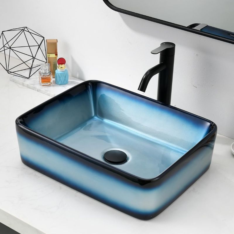 Photo 1 of 19" x 15" Vessel Sink Blue and Faucet Combo-Rectangular Ceramic Countertop Bathroom Vanity Vessel Sink