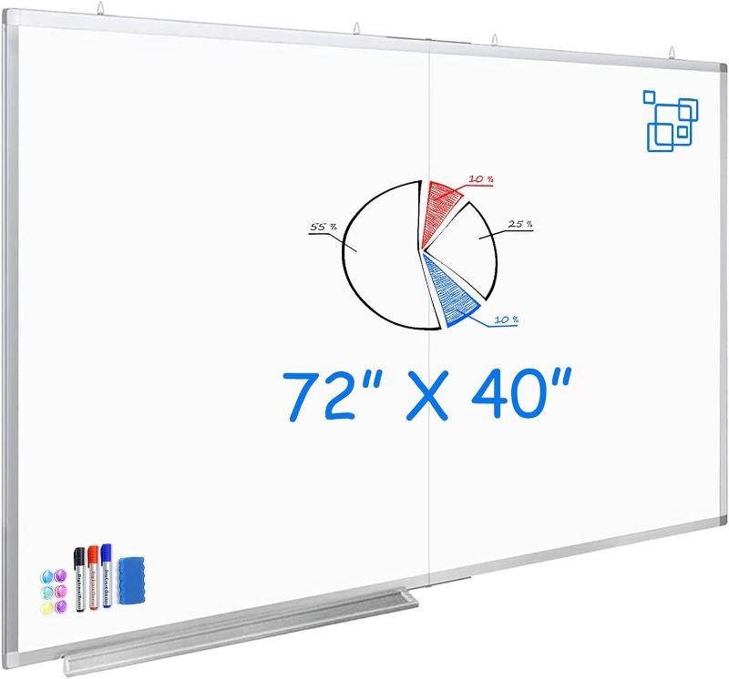 Photo 1 of White Board Dry Erase Whiteboard for Wall, maxtek Large Magnetic Whiteboard 72 x 40 Aluminum Foldable Memo White Board with Marker Tray 1 Eraser 3 Markers and 6 Magnets for Office Home and School