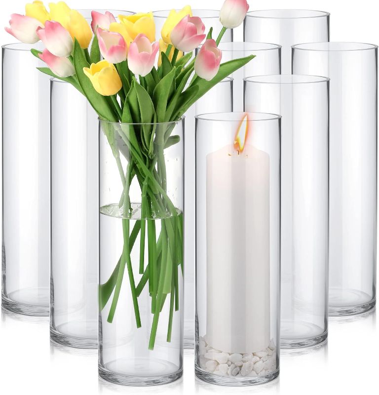 Photo 1 of 12 Pack Glass Cylinder Vases Set Clear Flower Vase Tall Floating Candle Holders Bulk for Centerpiece Table Home Wedding Decorations Dinners (4 x 12 Inch)