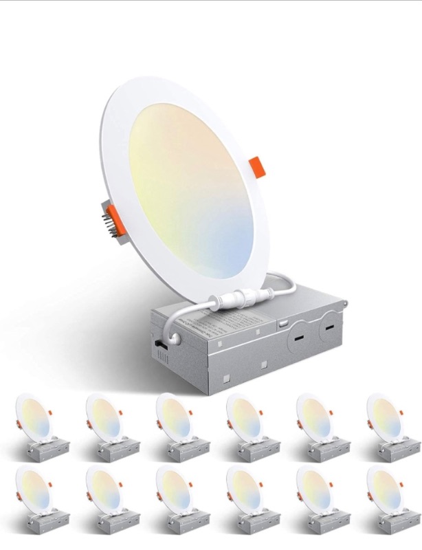 Photo 1 of Amico 12 Pack 6 Inch 5CCT Ultra-Thin LED Recessed Ceiling Light with Junction Box, 1050LM Brightness, Dimmable Canless Wafer Downlight, 12W, ETL&FCC