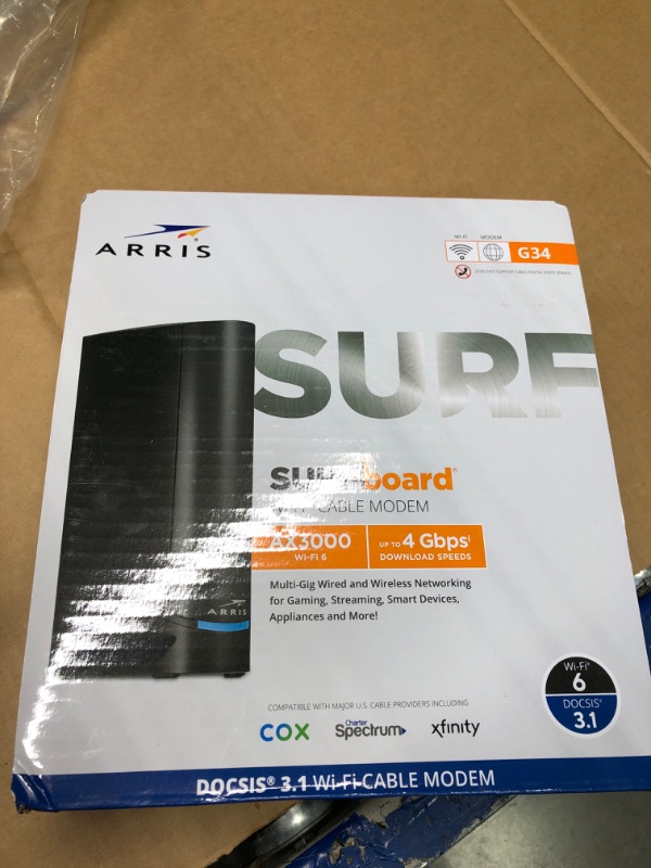 Photo 1 of ARRIS Surfboard G34 DOCSIS 3.1 Gigabit Cable Modem & Wi-Fi 6 Router (AX3000) | Approved for Comast Xfinity, Cox, Spectrum & More | Four 1 Gbps Ports | 1 Gbps Max Internet Speeds | 2 Year Warranty Cable Modem Router - DOCSIS 3.1 Cable