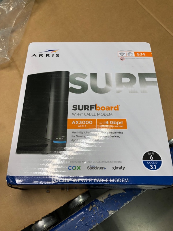 Photo 1 of ARRIS Surfboard G34 DOCSIS 3.1 Gigabit Cable Modem & Wi-Fi 6 Router (AX3000) | Approved for Comast Xfinity, Cox, Spectrum & More | Four 1 Gbps Ports | 1 Gbps Max Internet Speeds | 2 Year Warranty Cable Modem Router - DOCSIS 3.1 Cable