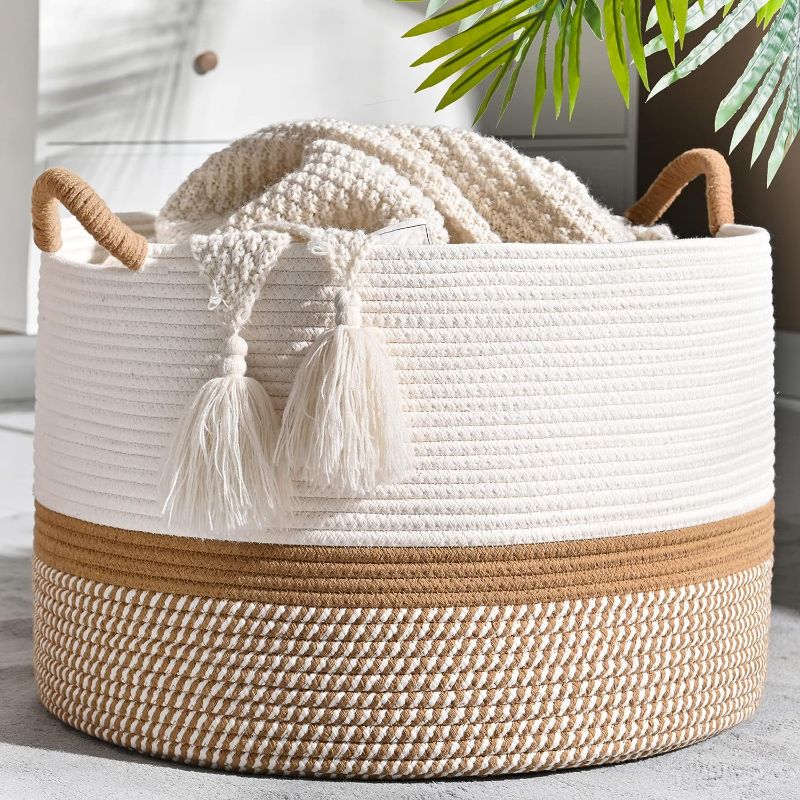 Photo 1 of  OIAHOMY Large Blanket Basket (20"x13"),Woven Baskets for storage Baby Laundry Hamper, Cotton Rope Blanket Basket for Living Room, Laundry, Nursery, Pillows, Baby Toy chest (White/Brown)