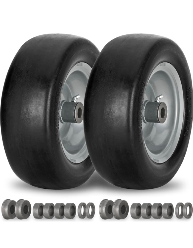 Photo 1 of 2 PCS 11x4.00-5" Flat Free Lawn Mower Tire on Wheel, 3/4" or 5/8" Bushing, 3.4"-4"-4.5-5" Centered Hub, Universal Fit Smooth Tread Tire for Zero Turn Lawn Mowers, with Universal Adapter Kit