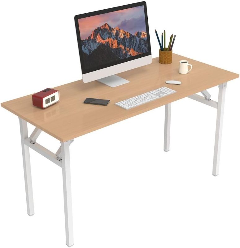 Photo 1 of Halter Folding Desk Table, No Assembly Collapsible Computer Desk for Office, Bedroom, and Study - 47” Space-Saving Portable, Foldable Study Table - , White Frame 47" Teak Desk, White Frame