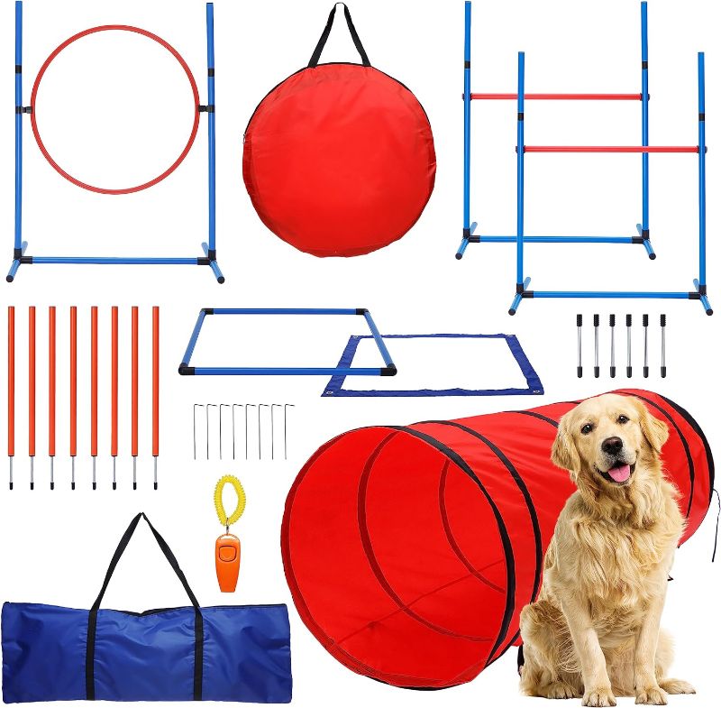 Photo 1 of 15 Piece Dog Agility Course Backyard Set- Dog Agility Training Equipment Set Includes: Dog Agility Tunnel, 3 Dog Agility Jumps, 8 Dog Agility Weave Poles & More- Best Dog Obstacle Course Backyard Set w/ Extra Stability Stakes