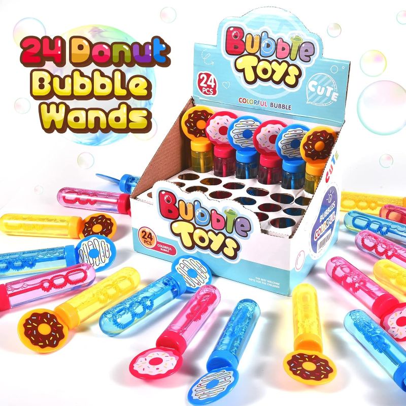 Photo 1 of  24Pcs Donut Bubble Wands for Kids Bubbles Bulk Party Favors Toy Carnival Prizes Goody Bag Fillers Stuffers Donut Party Favors Birthday Gift Summer Outdoor Pool Beach Mini Bubble for Boys Girls