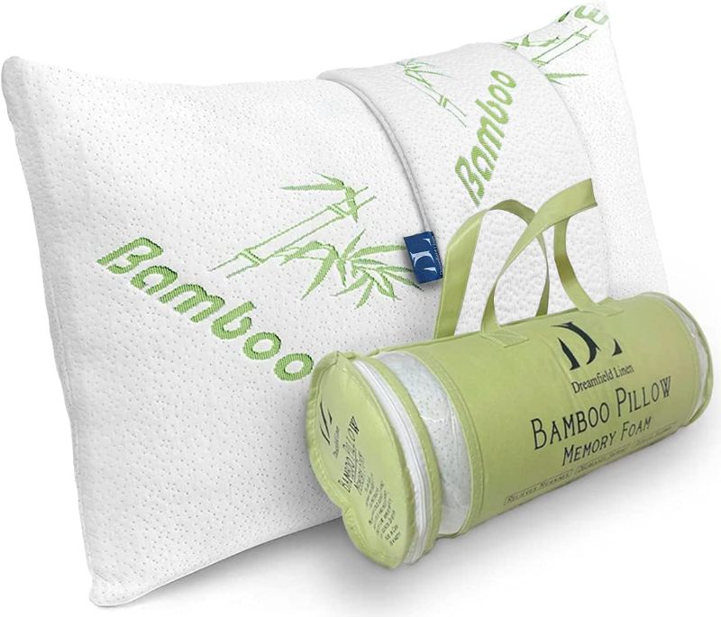 Photo 1 of Bamboo Pillow Queen Size [Adjustable] Shredded Memory Foam +1 Extra Cover for Sleeping Ultra Soft/Firm, Cool, Breathable & Zippered, Relieves Neck Pain, Snoring & Asthma, Back/Stomach/Side Sleepers