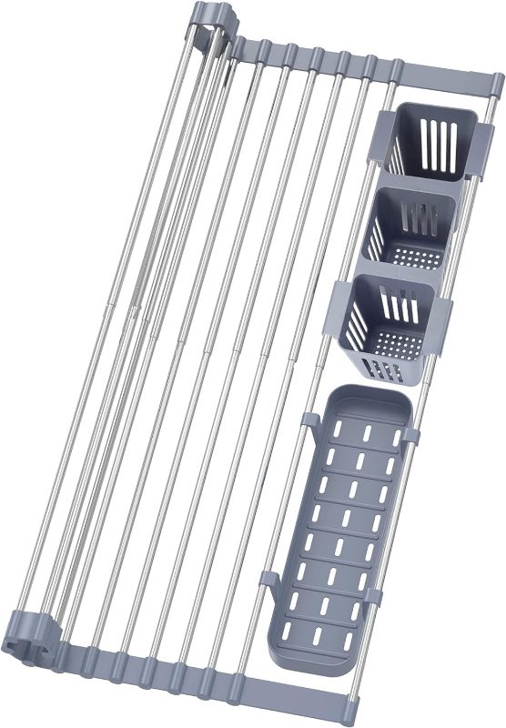 Photo 1 of Expandable Roll Up Dish Drying Rack Up to 22.8''with 2 Storage Baskets,Over The Sink Kitchen Rolling up Dish Drainer, Foldable,Rollable for Cups,Fruits,Forks