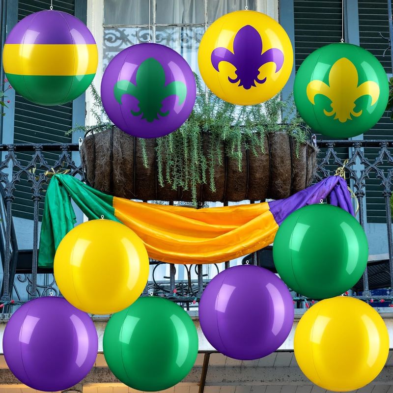 Photo 1 of 10 Pack Inflatable Mardi Gras Decorations PVC Mardi Gras Inflatables Ball Blow Up Mardi Gras Hanging Outdoor Carnival Decorations for Mardi Gras Outdoor Garden Yard Lawn Door Party Decorations