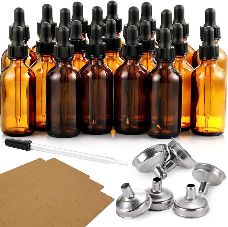 Photo 1 of 24, 1 oz Dropper Bottles for Essential Oils with 6 Stainless Steel Funnels & 1 Long Glass Dropper - 30ml Amber Glass Bottles with Eye Droppers - Tincture Bottles, Leak Proof Travel Bottles for Liquids