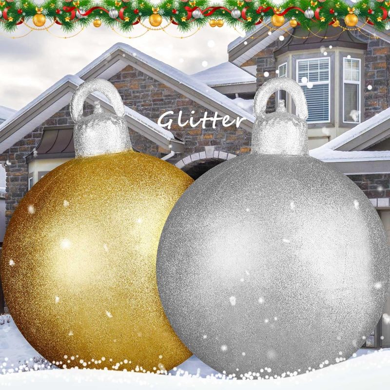 Photo 1 of **DAMAGE TO SILVER INFLATEABLE** Jetec 2 Packs 24 Inch Christmas Inflatable Glitter Ball Christmas Decorations Ornaments Sparkling Ball Outdoor Xmas Blow up Ball for Outdoor Indoor Yard Garden Lawn Christmas Decor