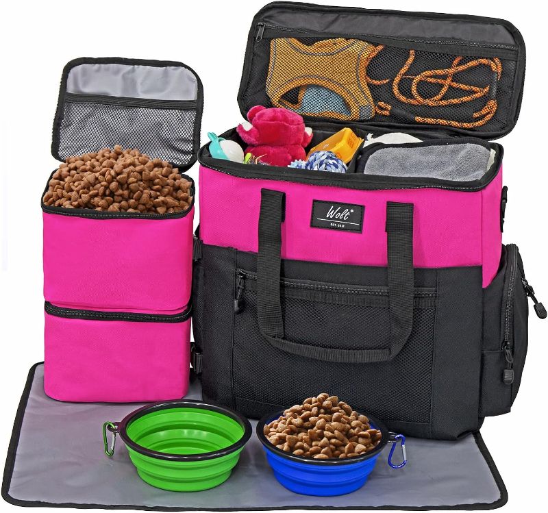 Photo 1 of 
Roll over image to zoom in


WOLT | Pet Travel Bag Kit for Dog Carrier & Travel, Includes 2 Food Containers + 2 Collapsible Bowls + 1 Placemat, Airline Approved Organizer for Pet Supplies Essentials Camping, Hiking, Weekend Away