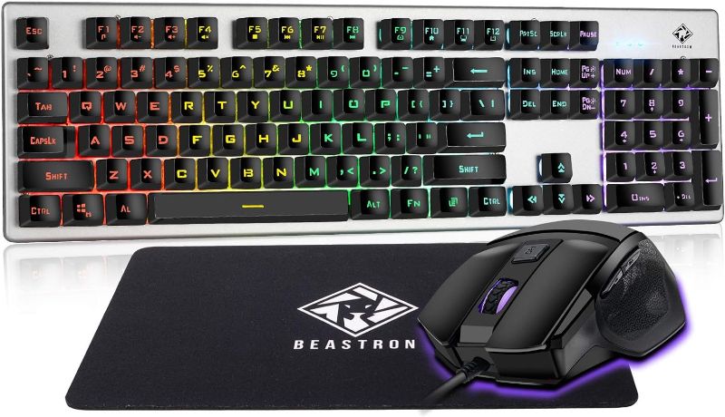 Photo 1 of Beastron Gaming Keybaord and Mouse Gaming Mouse Pad, LED Rainbow Backlit USB Wired Computer Keyboard 104 Keys Mechanical Feel Gaming Keyboard Set for Windows PC Gamer, Black gray