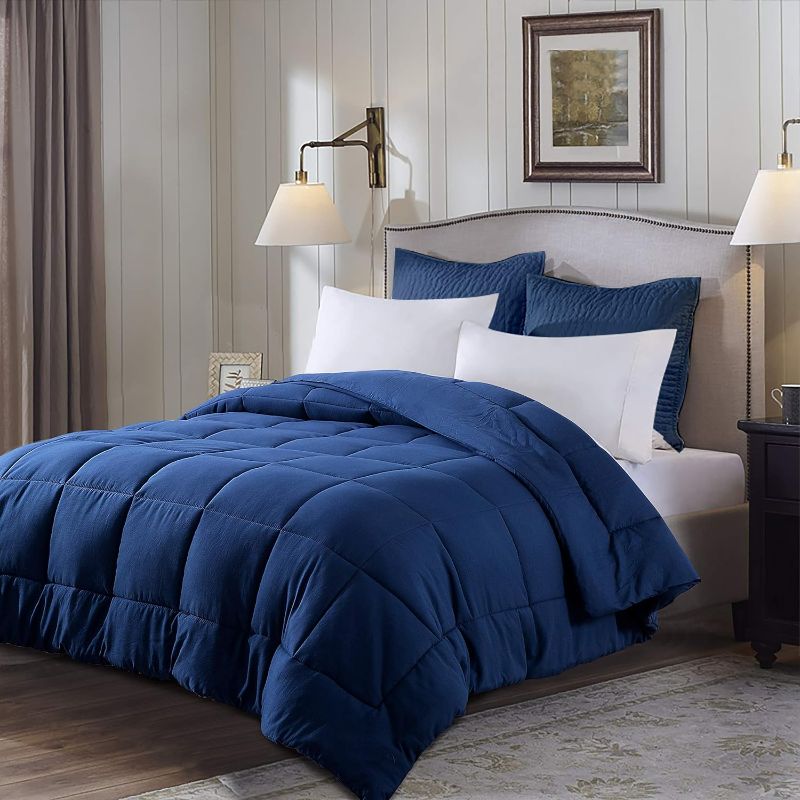 Photo 1 of  All Season Pre Washed Soft Microfiber White Goose Down Alternative Comforter with Box Stitching (Navy)