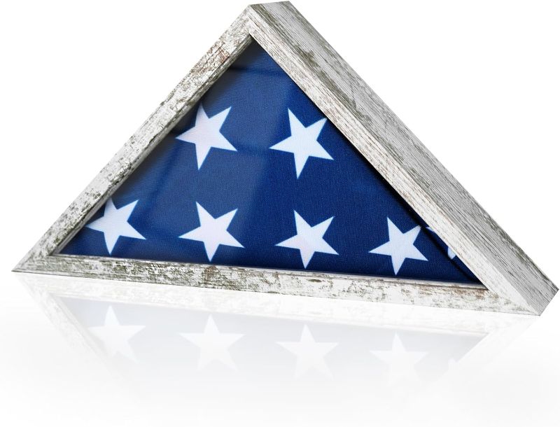 Photo 1 of 3'x5' American Flag Display Case, Solid Wood Military Veteran Flag Shadow Box with HD Glass, Wall-Mounted Triangle Flag Frame, Not for Burial Flag, Vintage White