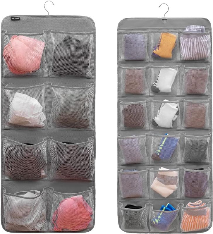 Photo 1 of Dual-Sided Hanging Closet Organizer for Socks Underwear Bra Kids Storage Organizer for Baby Clothes Toddler Shoes with 26 Pockets (Grey-Mesh Pockets)