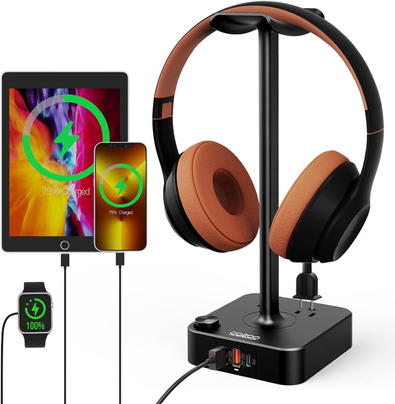 Photo 1 of COZOO Headphone Stand with USB Charger Desktop Gaming Headset Holder Hanger with 3 USB Charging Station and 2 Outlets Power Strip - Suitable for Gaming, DJ, Wireless Earphone Display (Black)
