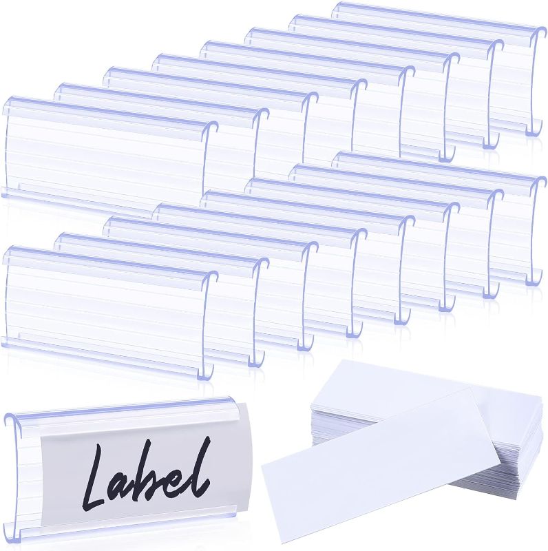 Photo 1 of 100 Pcs Wire Shelf Label Holders, Wire Rack Label Holder, Plastic Labels for Wire Shelving, Shelf Label Clips with Label Paper Inserts,Compatible with 1-1/4 Inch Shelves