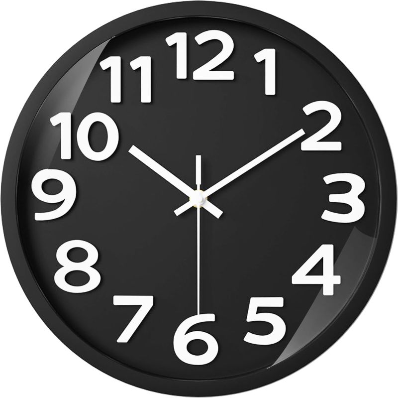 Photo 1 of 12 Inch Wall Clock, Wall Clocks Battery Operated Modern, Silent Non Tiking Large Wall Clocks for Bedroom, Office Kitchen, Living Room, Classroom Decor (Black