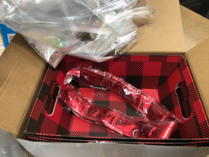 Photo 1 of 22 Pcs Basket for Gifts Empty Kit Includes 6 Pcs Gift Basket Empty to Fill 6 Pcs Clear Gift Bags 10 Pull Bows Market Tray Favor for Valentines Wedding Holiday Birthday Gift Package (Red Black Plaid)