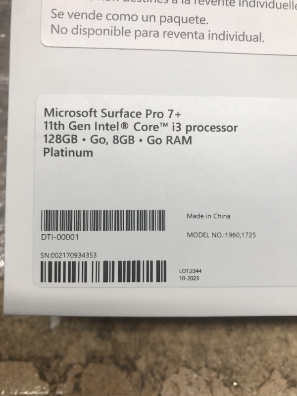 Photo 6 of **no charger** Microsoft Surface Pro 7+ 2-in-1, 12.3 inch Touch Screen, Intel Core I3, 8GB Ram, 128GB Ssd, Windows 11 Home, Platinum, with Black Type Cover, Gray