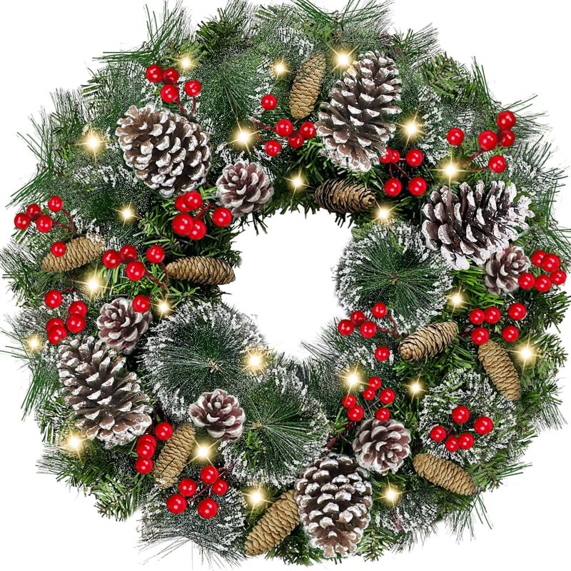 Photo 1 of [ Super Large & Snowy ] 26 Inch Prelit Artificial Christmas Wreath for Front Door 80 Warm Lights Timer 23 Pinecones 90 Red Berries 246 Branches Battery Operated Christmas Decoration Indoor Outdoor
