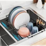 Photo 1 of iSPECLE Dish Drying Rack - 3 Sizes Adjustable Large Dish Rack (16.9'',18.7'',20.4'') - Over Sink Drying Rack with Cutlery Holder, in Sink or on Counter Dish Drainer, Metal, Black (Only fit>17.5" Sink)