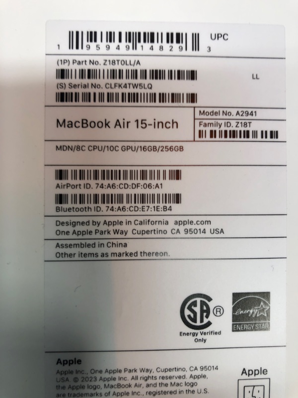 Photo 7 of Apple 2023 MacBook Air Laptop with M2 chip: 15.3-inch Liquid Retina Display, 16GB Unified Memory, 256GB SSD Storage, 1080p FaceTime HD Camera, Touch ID. Works with iPhone/iPad; Midnight 16GB RAM 256GB Midnight Without AppleCare+ FACTORY SEALED 