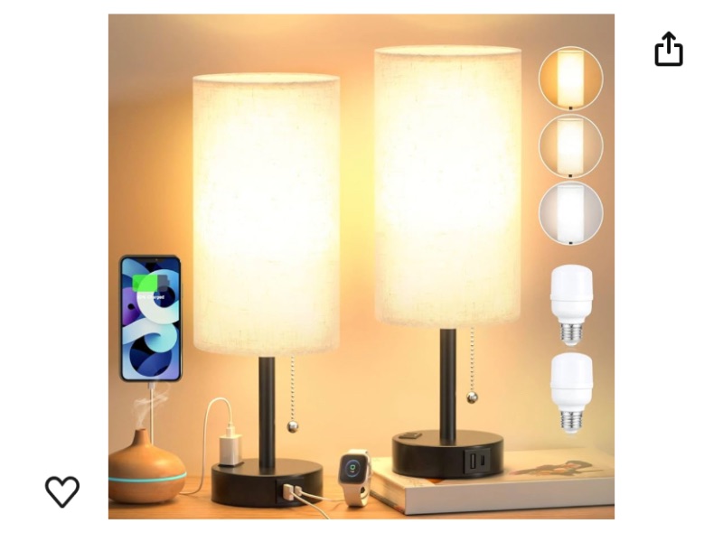 Photo 1 of Lamps for Bedrooms Set of 2 with 3 Color Modes - Nightstand Lamp with USB C+A Charging Ports, 2700K-5000K Bedside Lamps with USB Port and Outlet, Small Table Lamp Sets for Living Room Guest Room