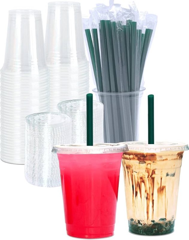 Photo 1 of 16 oz Clear Plastic Cups with Lids and STRAWS, Disposable Drinking Cups for Cold Drinks, Iced Coffee, Milkshakes, Smoothies, 25 Sets