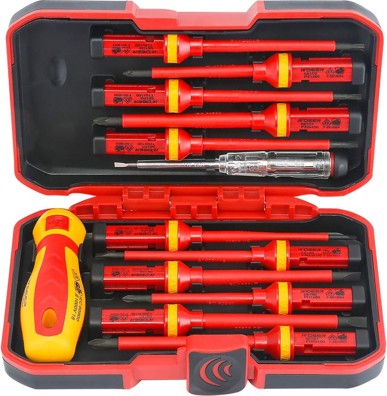 Photo 1 of 13 Piece Insulated Screwdriver Set R'deer Industrial Level 1000v Cr-V Magnetic Slotted Phillips Pozidriv Torx Electrician Tool Kit
