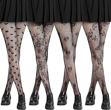 Photo 1 of Amandir 4-5 Pairs Fishnet Stockings Womens Lace Mesh Patterned Fishnet Leggings Tights Net Pantyhose One Size Black 02(4 Pairs)