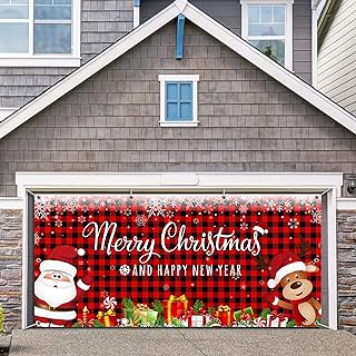 Photo 1 of Christmas Garage Door Banner Cover 6 x 13 ft, Extra Large Fabric Santa Claus Reindeer Backdrop Photo Booth Background Yard Sign Xmas Holiday Winter New Year Party Supplies, Buffalo Plaid, Red & Black White