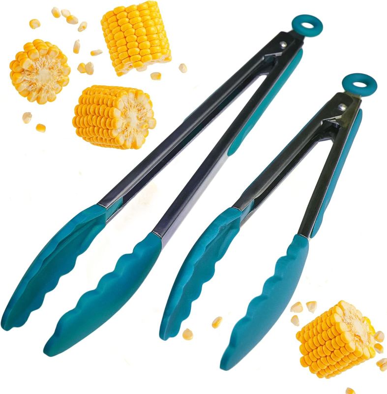 Photo 1 of StarPack Basics Silicone Kitchen Tongs Set of 2 (9-Inch & 12-Inch) - Stainless Steel with Non-Stick Silicone Tips, High Heat Resistant to 480°F, For Cooking, Serving, Grill, BBQ & Salad (Teal Blue)
