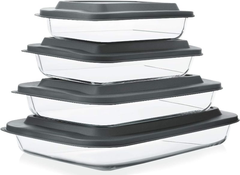 Photo 1 of 8-Piece Deep Glass Baking Dish Set with Plastic lids,Rectangular Glass Bakeware Set with Lids, Baking Pans for Lasagna, Leftovers, Cooking, Kitchen, Freezer-to-Oven and Dishwasher, Gray
