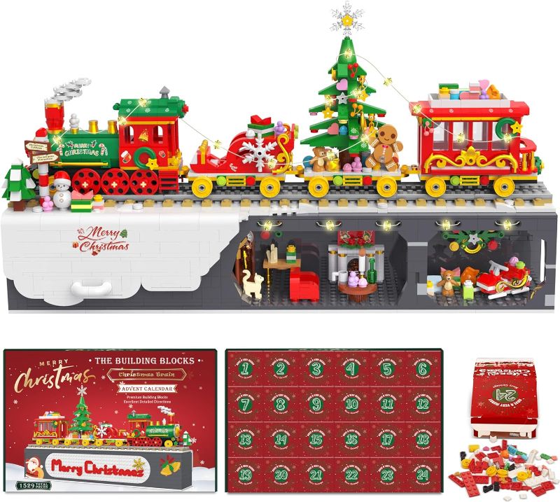 Photo 1 of Advent Calendar 2023 Christmas Train Building Blocks Set, 24 Boxes-1529 Pieces Christmas Train with Lights Display Building Kits for Adults and Kids Countdown to Christmas Thanksgiving Gifts