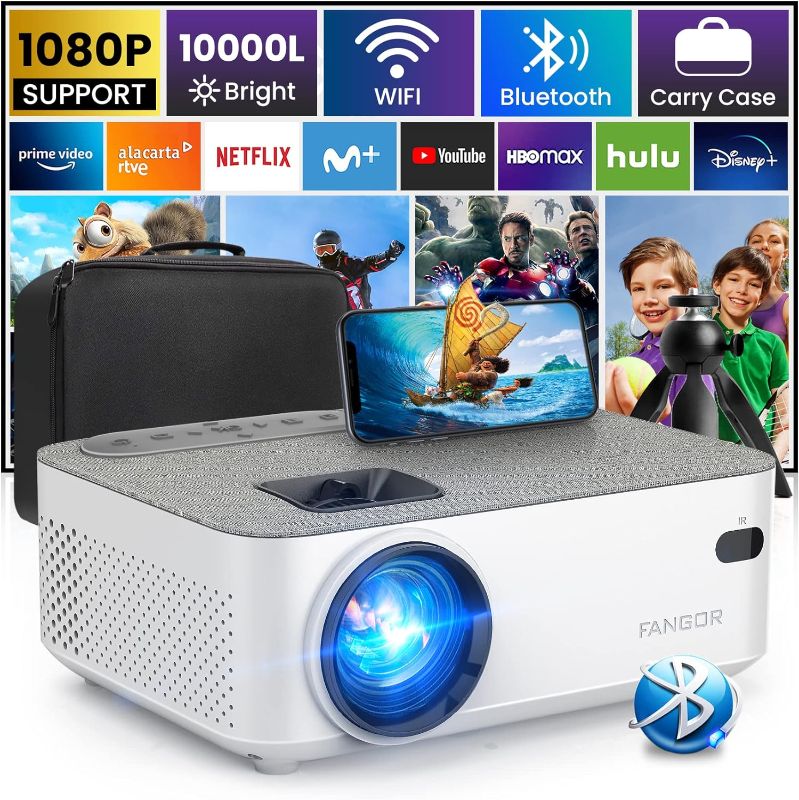 Photo 1 of FANGOR Wifi 10000L Projector with Bluetooth - Mini Outdoor Movie Projector for Home Theater, Portable Video Projector 1080P Supported with HDMI/USB/VGA/AV/Smartphones [Tripod and Carry Bag Included] Grey