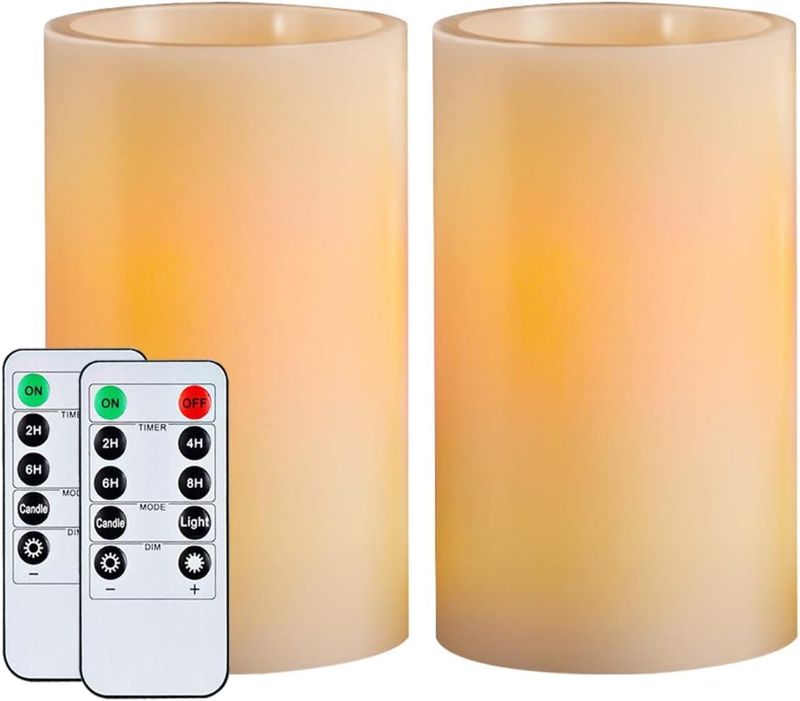 Photo 1 of Homemory 5"x3" Wax Flameless Candles, Battery Operated LED Pillar Candles with Remote Control & Timer, Amber Yellow Flickering Light for Party, Wedding, Festival, Ivory, Indoor Only, Set of 2
