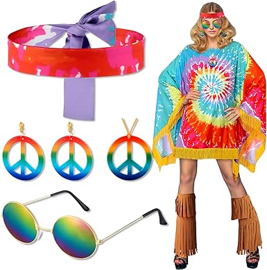 Photo 1 of 8 Pcs 60s 70s Hippie Poncho Costume Set for Women Tie Dye Fringe Edges Peace Sign Necklace Earring Headband Dress Ankle Socks