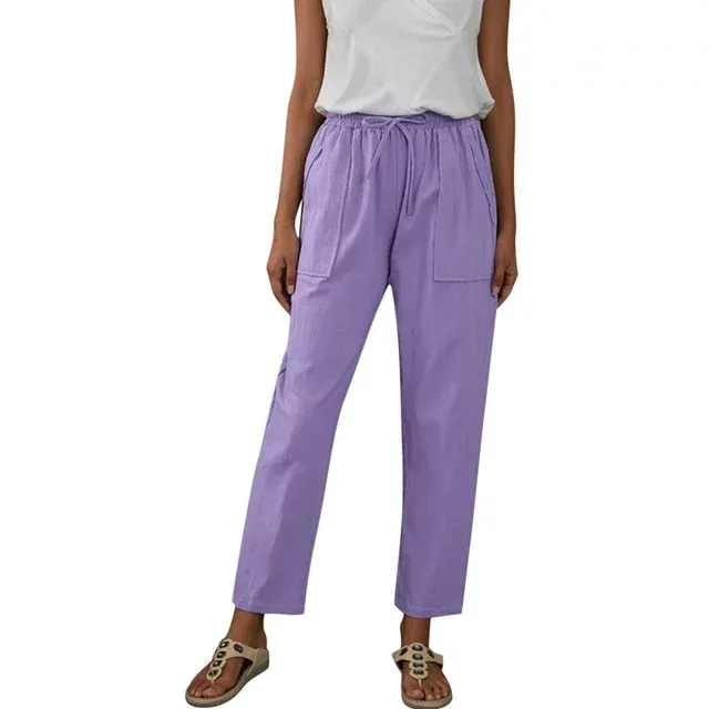 Photo 1 of EVALESS Linen Pants for Women Casual Loose Elastic High Waisted Straight Leg Cotton Lounge Pants Trousers with Pockets purple