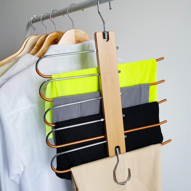 Photo 1 of Beech Wood Pant Hangers Space Saver - Trouser Hanger, Space-Saving Multiple 5-in-1 Stainless Steel Extendible, Foldable Multi Magic Wardrobe Clothes Hanger Holder, Standard (Pack of 1)
