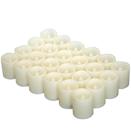 Photo 1 of 24 Pack Flameless Tea Lights with Timer Long Lasting Battery Operated LED Votive Candles Flickering Electric Fake Tealights Set Warm White for Wedding
