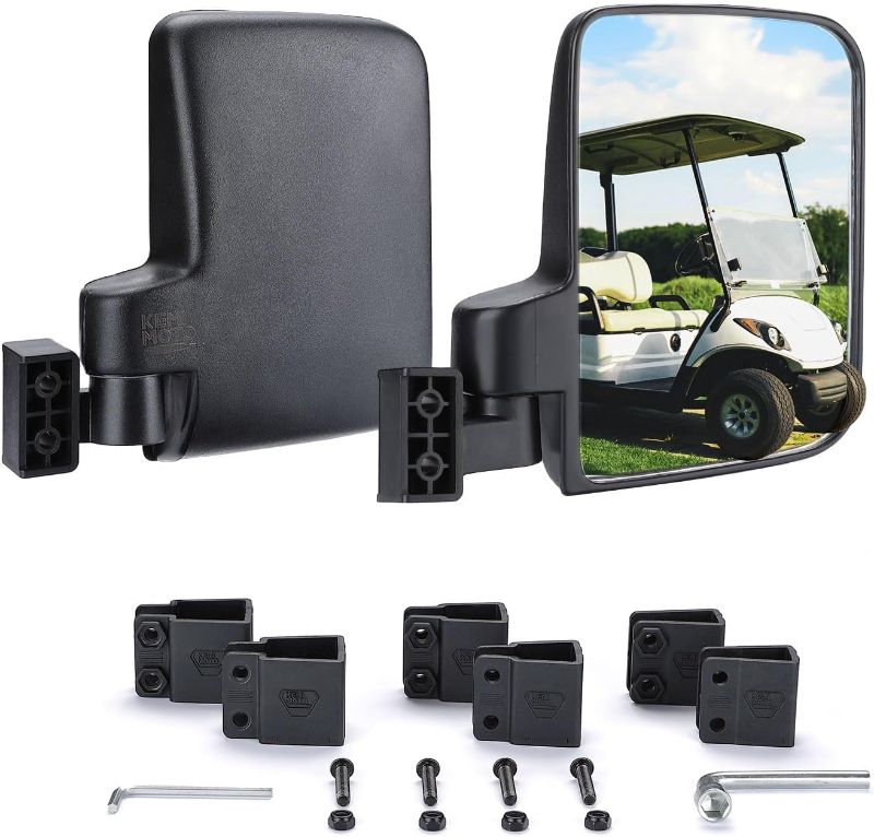 Photo 1 of KEMIMOTO No Drilling Golf Cart Side Mirrors, Universal Golf Cart Mirrors Fit for 0.75"-1.25" Square Rail, Folding Side View Mirrors Compatible with EZGO, Club Car, Drive2, ICON, Black