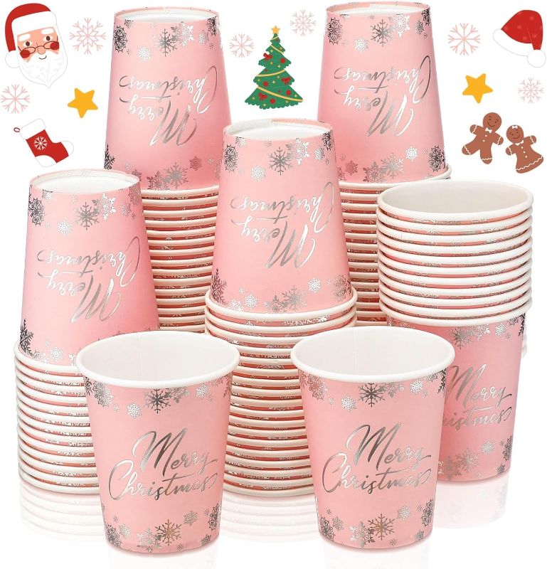 Photo 1 of 100 Pcs Christmas Cups 9 oz Disposable Paper Cups Pink Elegant Strong and Sturdy Christmas Coffee Cups with Silver Foil and Scattered Snowflakes for Holiday Party Supplies Decorations