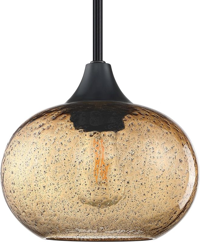 Photo 1 of 1 Light Hanging Indoor Kitchen Island Pendant Ceiling Light Fixtures 7.7" Black Seeded Brownish Glass,Modern Farmhouse Dinning Over Sink (Amber Glass, Black 1 Pack)
