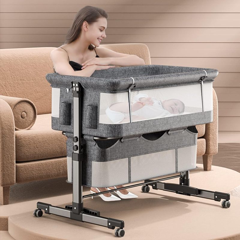 Photo 1 of 3 in 1 Baby Bassinet, Upgraded Beside Crib with 360° Highly Visible Mesh wall, Comfy Co-sleeper Bassinet with mattress, 5 Level Adjustable Height, Foldable & Portable BabyTravel Crib for Newborn, Grey

