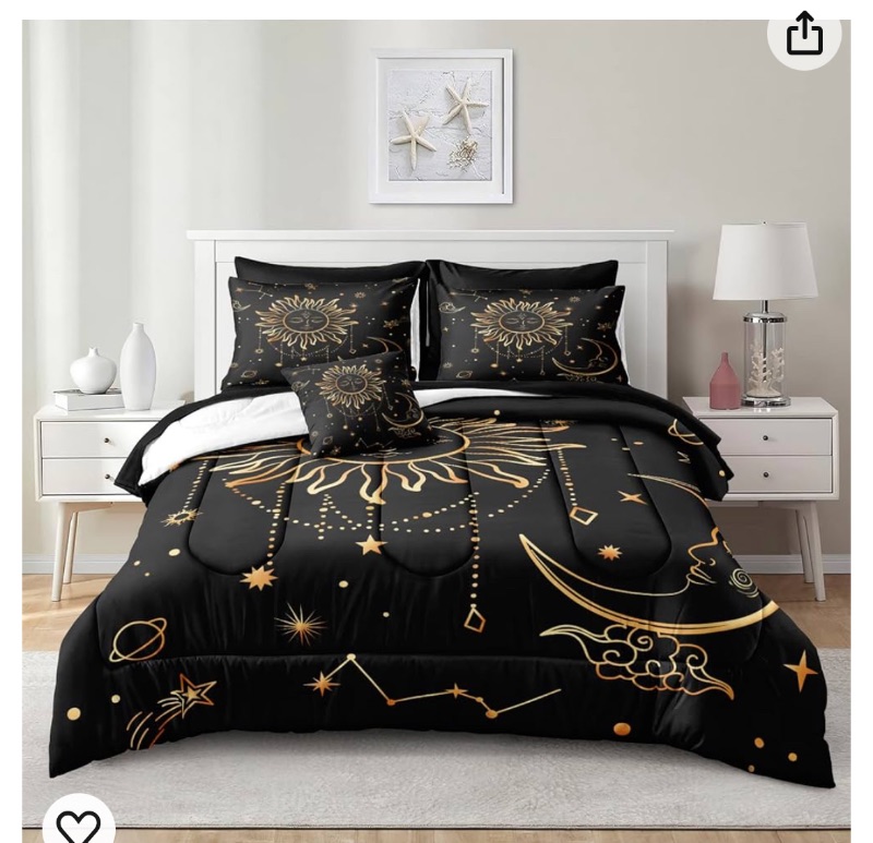 Photo 1 of **SEE NOTES**Black and Gold Comforter Set Sun and Moon Full Bed in a Bag 8 Pieces Bohemian Mandala Bedding with 1 Comforter, 1 Flat Sheet, 1 Fitted Sheet, 4 Pillowcases, 1 Cushion Cover (Full, Sun and Moon)